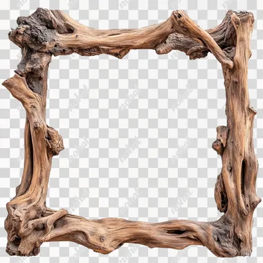 sqaure rustic wooden frame in with natural textures like weathered wood, bark, and vintage carvings. The frame should have a warm, earthy tone and be arranged individually on a plain white background