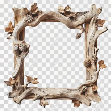 sqaure rustic wooden frame in with natural textures like weathered wood, bark, and vintage carvings. The frame should have a warm, earthy tone and be arranged individually on a plain white background