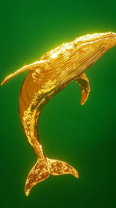 hyper-realistic golden whale soars gracefully in a studio setting, surrounded by a seamless green screen backdrop. Its metallic, shimmering body reflects the bright studio lights, highlighting the intricate textures of its polished, gold-plated skin. The controlled lighting setup enhances every detail, from the whales fluid motion to the subtle reflections dancing across its surface. The scene exudes an ultra-luxurious, surreal vision of modern sophistication, perfectly isolated against the vibrant green background for seamless compositing.