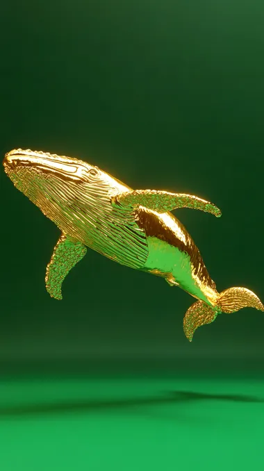 hyper-realistic golden whale soars gracefully in a studio setting, surrounded by a seamless green screen backdrop. Its metallic, shimmering body reflects the bright studio lights, highlighting the intricate textures of its polished, gold-plated skin. The controlled lighting setup enhances every detail, from the whales fluid motion to the subtle reflections dancing across its surface. The scene exudes an ultra-luxurious, surreal vision of modern sophistication, perfectly isolated against the vibrant green background for seamless compositing.