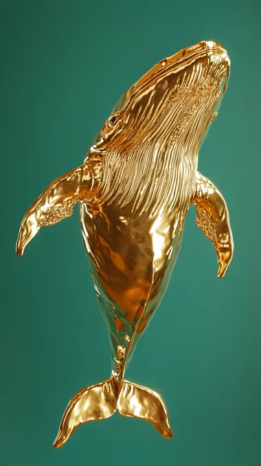 hyper-realistic golden whale soars gracefully in a studio setting, surrounded by a seamless green screen backdrop. Its metallic, shimmering body reflects the bright studio lights, highlighting the intricate textures of its polished, gold-plated skin. The controlled lighting setup enhances every detail, from the whales fluid motion to the subtle reflections dancing across its surface. The scene exudes an ultra-luxurious, surreal vision of modern sophistication, perfectly isolated against the vibrant green background for seamless compositing.