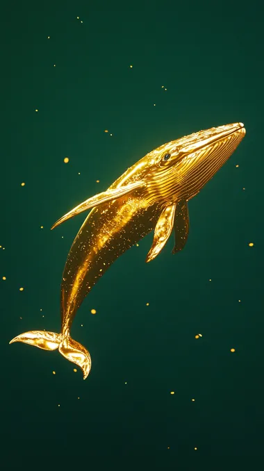 hyper-realistic golden whale soars gracefully in a studio setting, surrounded by a seamless green screen backdrop. Its metallic, shimmering body reflects the bright studio lights, highlighting the intricate textures of its polished, gold-plated skin. The controlled lighting setup enhances every detail, from the whales fluid motion to the subtle reflections dancing across its surface. The scene exudes an ultra-luxurious, surreal vision of modern sophistication, perfectly isolated against the vibrant green background for seamless compositing.