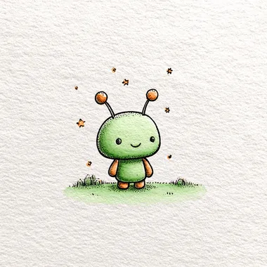 Green comical alien with antennas. The background is textured off-white paper. The style is fine-line, hand-drawn, whimsical storybook, vintage childrens-book charm. The color palette is soft pastel.   rofile 2hqz6dw --raw