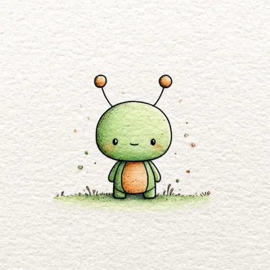 Green comical alien with antennas. The background is textured off-white paper. The style is fine-line, hand-drawn, whimsical storybook, vintage childrens-book charm. The color palette is soft pastel.   rofile 2hqz6dw --raw