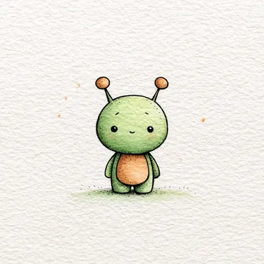 Green comical alien with antennas. The background is textured off-white paper. The style is fine-line, hand-drawn, whimsical storybook, vintage childrens-book charm. The color palette is soft pastel.   rofile 2hqz6dw --raw