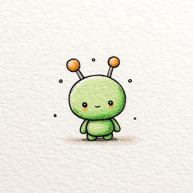 Whimsical Green Alien with Antennas on Off-White Background