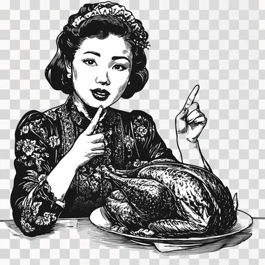 Retro asian woman presenting roasted turkey to the side, one hand with finger pointed up, black and white wood cut, white background