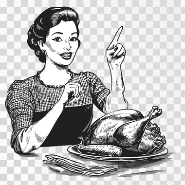 Retro asian woman presenting roasted turkey to the side, one hand with finger pointed up, black and white wood cut, white background