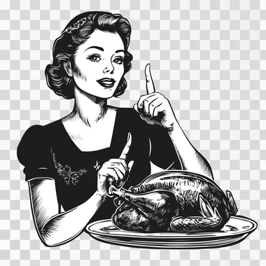 Retro asian woman presenting roasted turkey to the side, one hand with finger pointed up, black and white wood cut, white background