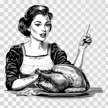 Retro asian woman presenting roasted turkey to the side, one hand with finger pointed up, black and white wood cut, white background