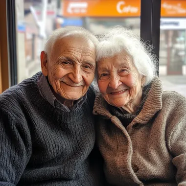 A kind and gentle Hungarian white couple over 100 years old sits in a cafe, with warm smiles on their faces. The kind and friendly grandfather wears a sweater and a thick coat, with white hair and a kind and happy smile on his face; the kind and friendly grandmother has slightly curly white hair, a gentle and peaceful face, a happy smile on her face, and a sweater and a thick coat. The two snuggle together, relying on each other, their eyes are full of affection and happiness. The background is a bright and warm cafe, leaning against the window. The photo is documentary style   --s 50