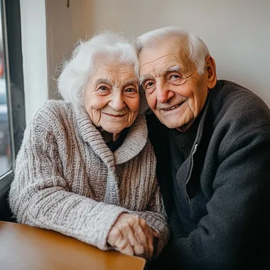 A kind and gentle Hungarian white couple over 100 years old sits in a cafe, with warm smiles on their faces. The kind and friendly grandfather wears a sweater and a thick coat, with white hair and a kind and happy smile on his face; the kind and friendly grandmother has slightly curly white hair, a gentle and peaceful face, a happy smile on her face, and a sweater and a thick coat. The two snuggle together, relying on each other, their eyes are full of affection and happiness. The background is a bright and warm cafe, leaning against the window. The photo is documentary style   --s 50