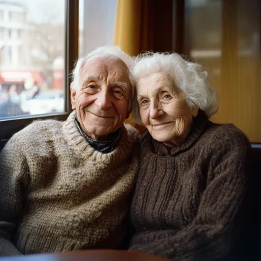 A kind and gentle Hungarian white couple over 100 years old sits in a cafe, with warm smiles on their faces. The kind and friendly grandfather wears a sweater and a thick coat, with white hair and a kind and happy smile on his face; the kind and friendly grandmother has slightly curly white hair, a gentle and peaceful face, a happy smile on her face, and a sweater and a thick coat. The two snuggle together, relying on each other, their eyes are full of affection and happiness. The background is a bright and warm cafe, leaning against the window. The photo is documentary style   --s 50