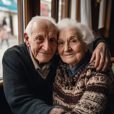 A kind and gentle Hungarian white couple over 100 years old sits in a cafe, with warm smiles on their faces. The kind and friendly grandfather wears a sweater and a thick coat, with white hair and a kind and happy smile on his face; the kind and friendly grandmother has slightly curly white hair, a gentle and peaceful face, a happy smile on her face, and a sweater and a thick coat. The two snuggle together, relying on each other, their eyes are full of affection and happiness. The background is a bright and warm cafe, leaning against the window. The photo is documentary style   --s 50