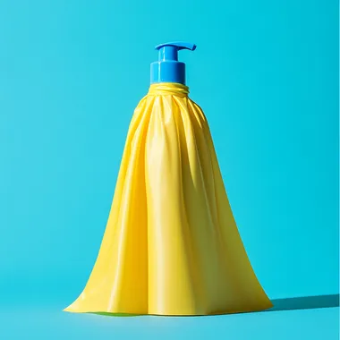 photograph of a yellow superhero cape that ties shape of a sunscreen bottle with a blue cap