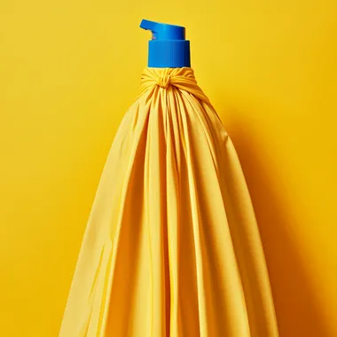 photograph of a yellow superhero cape that ties shape of a sunscreen bottle with a blue cap