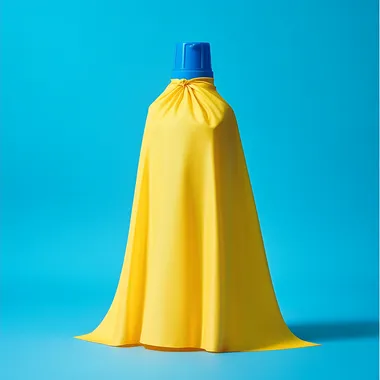 photograph of a yellow superhero cape that ties shape of a sunscreen bottle with a blue cap
