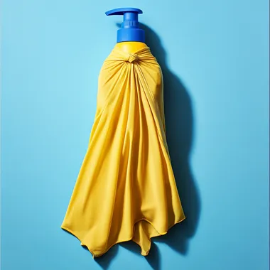 photograph of a yellow superhero cape that ties shape of a sunscreen bottle with a blue cap