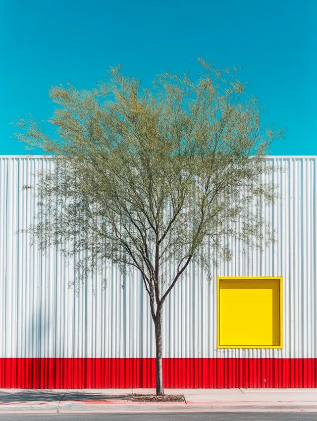 Colorful Architectural Photography: Tree by Building with Yellow Door