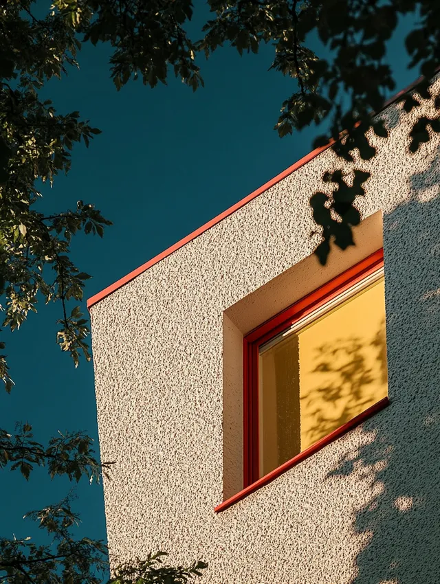 Colorful minimalist house wall with tree and striking yellow window