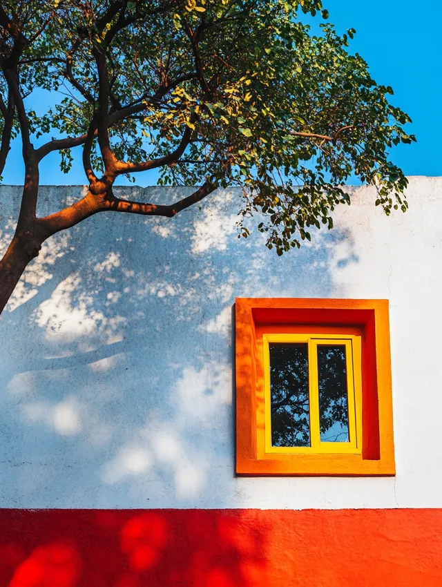 Colorful Tree and Bright Yellow Window on Minimalist House Wall
