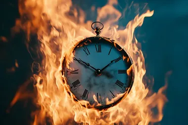 clock with timer burns with fire, blue background,