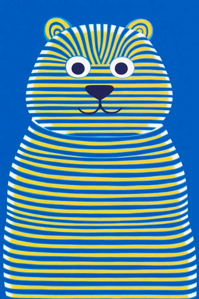 Blue and Yellow Striped Bear on Bright Blue Fabric Background Design
