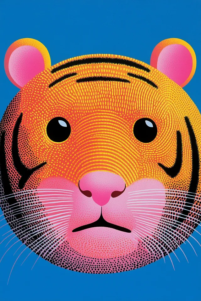 Tiger face close-up on bright blue background, minimalist geometric design