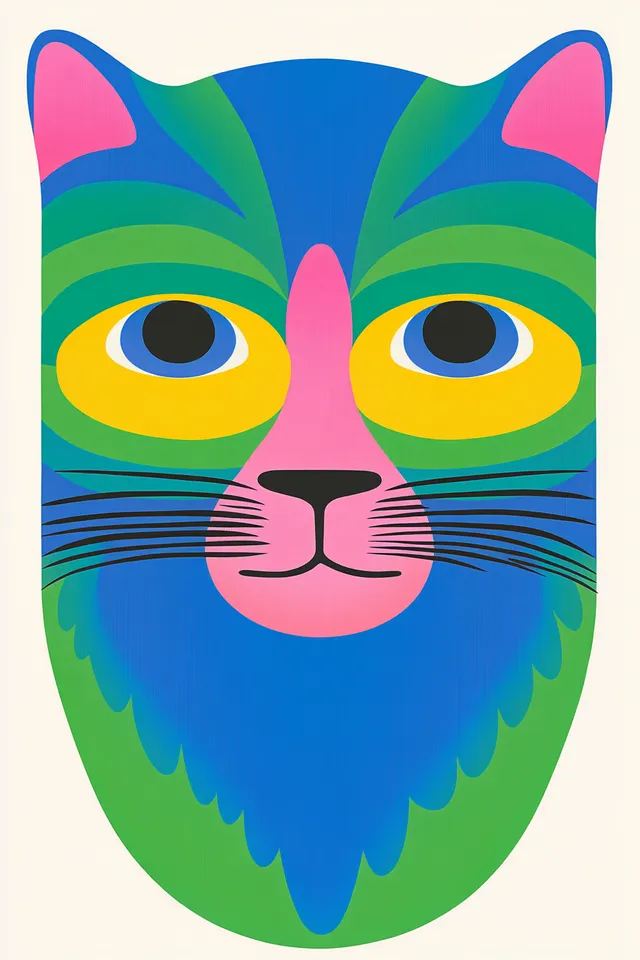 Blue and Green Cat with Yellow Eyes in Minimalist Geometric Art