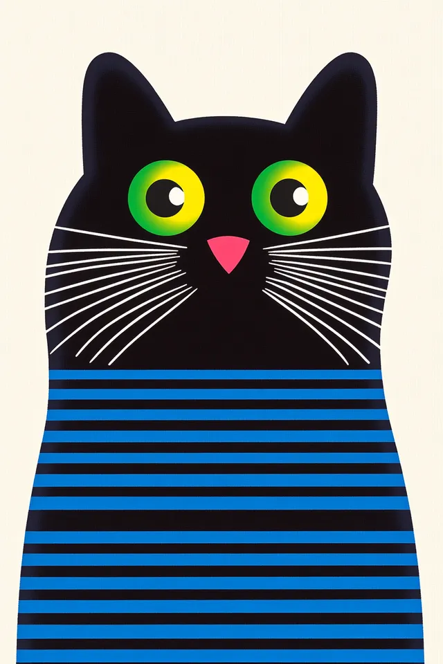 Black Cat with Green Eyes on White Background in Minimalist Design