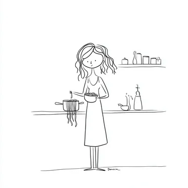 simple line Darwing Home is where we cook pasta again. Make me cute minimalist illustration style of shel silverstein It should be cute minimal a couple cocking pasta in cute senario