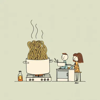 simple line Darwing Home is where we cook pasta again. Make me cute minimalist illustration style of shel silverstein It should be cute minimal a couple cocking pasta in cute senario