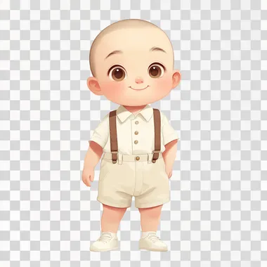 I'm a one-year-old boy, with fair skin and a soft brownish tone, I have no hair, just black fur, my eyes are large almond-shaped, dark brown. My face is round with prominent, chubby cheeks. My mouth is small, with delicate lips, and my nose is small and rounded. I'm wearing a white short-sleeved shirt with a mandarin collar and buttons down the front. The look also features beige shorts with removable beige suspenders, which feature leather details on the adjusters and ends. I'm also wearing white sneakers, and I'm standing and smiling, with a white background, in a Pixar and Disney style drawing.