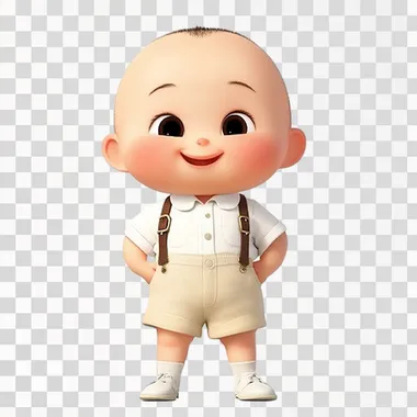 I'm a one-year-old boy, with fair skin and a soft brownish tone, I have no hair, just black fur, my eyes are large almond-shaped, dark brown. My face is round with prominent, chubby cheeks. My mouth is small, with delicate lips, and my nose is small and rounded. I'm wearing a white short-sleeved shirt with a mandarin collar and buttons down the front. The look also features beige shorts with removable beige suspenders, which feature leather details on the adjusters and ends. I'm also wearing white sneakers, and I'm standing and smiling, with a white background, in a Pixar and Disney style drawing.
