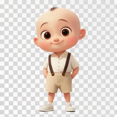 I'm a one-year-old boy, with fair skin and a soft brownish tone, I have no hair, just black fur, my eyes are large almond-shaped, dark brown. My face is round with prominent, chubby cheeks. My mouth is small, with delicate lips, and my nose is small and rounded. I'm wearing a white short-sleeved shirt with a mandarin collar and buttons down the front. The look also features beige shorts with removable beige suspenders, which feature leather details on the adjusters and ends. I'm also wearing white sneakers, and I'm standing and smiling, with a white background, in a Pixar and Disney style drawing.