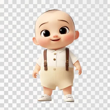 I'm a one-year-old boy, with fair skin and a soft brownish tone, I have no hair, just black fur, my eyes are large almond-shaped, dark brown. My face is round with prominent, chubby cheeks. My mouth is small, with delicate lips, and my nose is small and rounded. I'm wearing a white short-sleeved shirt with a mandarin collar and buttons down the front. The look also features beige shorts with removable beige suspenders, which feature leather details on the adjusters and ends. I'm also wearing white sneakers, and I'm standing and smiling, with a white background, in a Pixar and Disney style drawing.