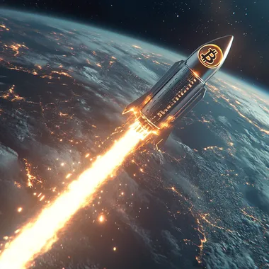 bitcoin rocket made of code going supersonic leaving earth