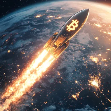 bitcoin rocket made of code going supersonic leaving earth