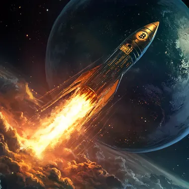 bitcoin rocket made of code going supersonic leaving earth