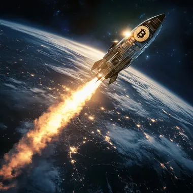 bitcoin rocket made of code going supersonic leaving earth