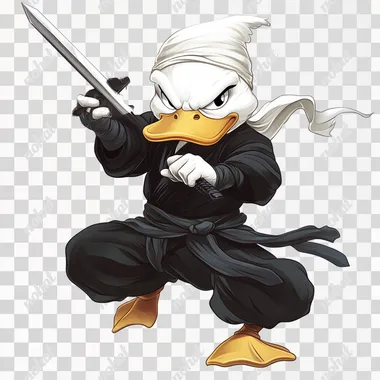 Master Quack, an epic angry white ninja duck, a master holding ninja sword, black ninja clothes, fighting in mid air, cartoon, white background