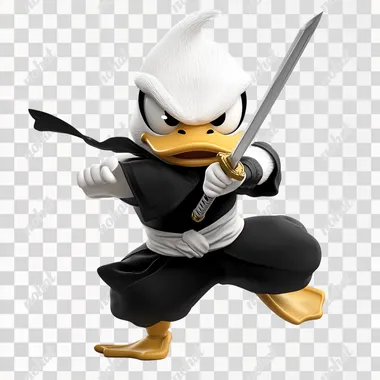 Master Quack, an epic angry white ninja duck, a master holding ninja sword, black ninja clothes, fighting in mid air, cartoon, white background