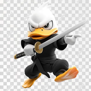 Master Quack, an epic angry white ninja duck, a master holding ninja sword, black ninja clothes, fighting in mid air, cartoon, white background