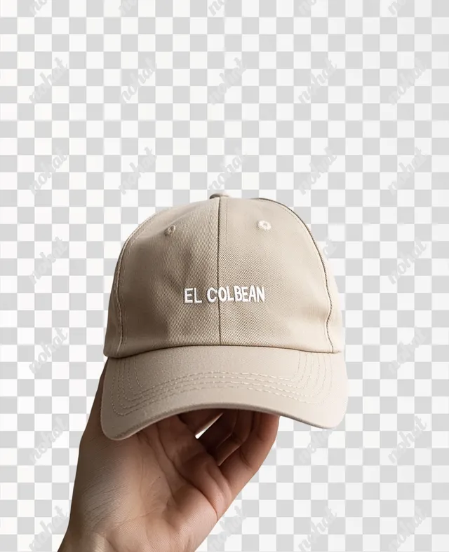 PNG Person holding beige baseball cap "EL COOL BEAN" in studio setting