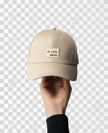 Product photograph of a beige baseball cap with embroidered text "EL COOL BEAN", held in a hand against a white background, studio photography, product photography, beige color palette, neutral colors, soft lighting, high resolution, high detail.