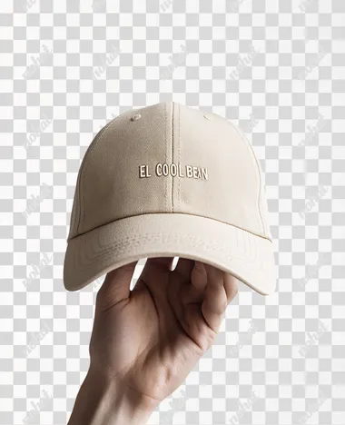 Product photograph of a beige baseball cap with embroidered text "EL COOL BEAN", held in a hand against a white background, studio photography, product photography, beige color palette, neutral colors, soft lighting, high resolution, high detail.