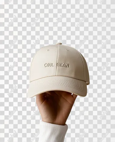 Product photograph of a beige baseball cap with embroidered text "EL COOL BEAN", held in a hand against a white background, studio photography, product photography, beige color palette, neutral colors, soft lighting, high resolution, high detail.