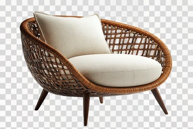 Professional studio photo of a handwoven rattan chair with a curved backrest and light beige cushion, boho-chic design, on a plain white background   --s 750