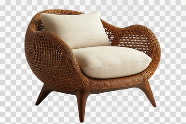 Professional studio photo of a handwoven rattan chair with a curved backrest and light beige cushion, boho-chic design, on a plain white background   --s 750