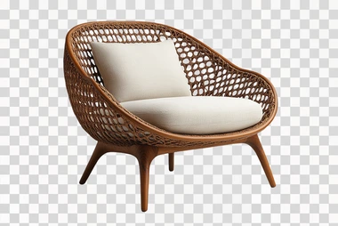 Professional studio photo of a handwoven rattan chair with a curved backrest and light beige cushion, boho-chic design, on a plain white background   --s 750